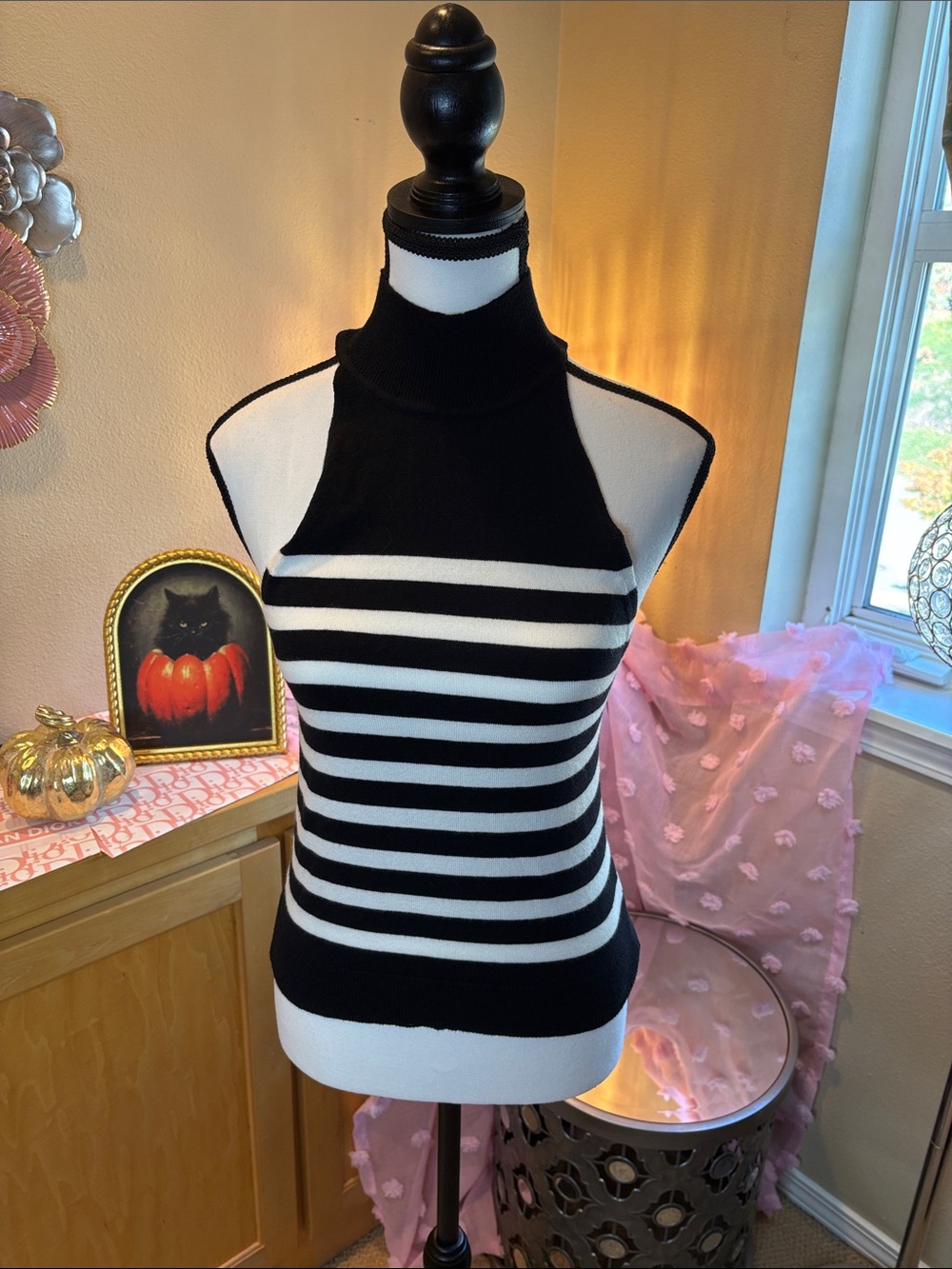 Deluc Black & White Striped Sleeveless Turtleneck Sweater